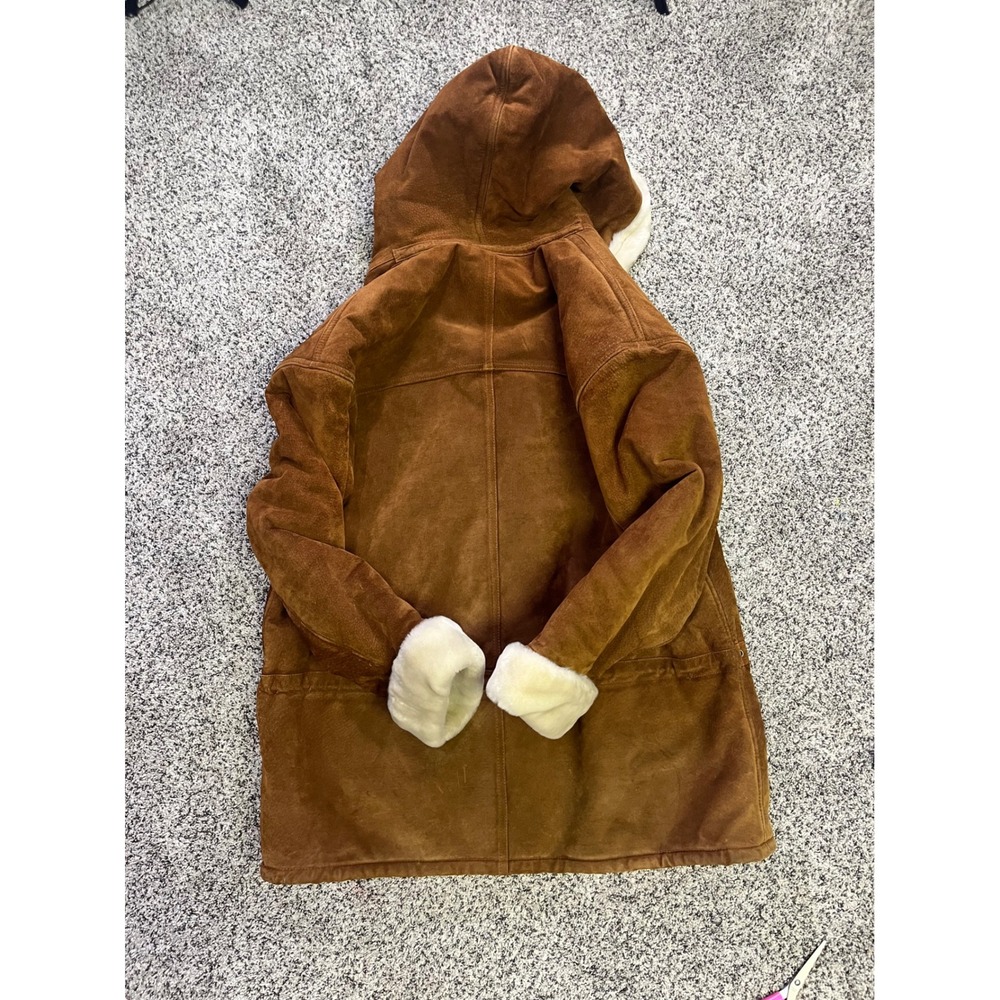 Suede Vintage Sherpa Lined Hooded Toggle Leather Coat Brown Womens Size M - Picture 14 of 14
